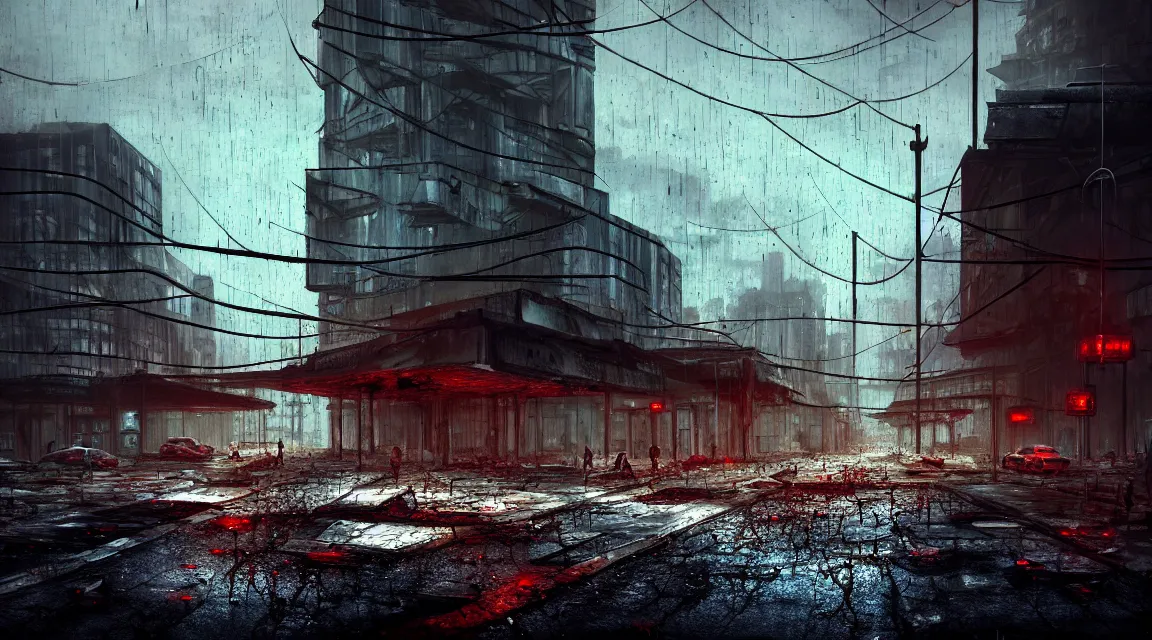 Image similar to post apocalyptic city building, raining, building, avenue, modern contemporary urban americana concrete architecture, paved roads, by pascal blanche trending on artstation, photorealistic, neon ambiance, ultra detailed, high definition, depth of field, bokeh, wild vegetation, blood stains, crumbling, post - apocalyptic warriors