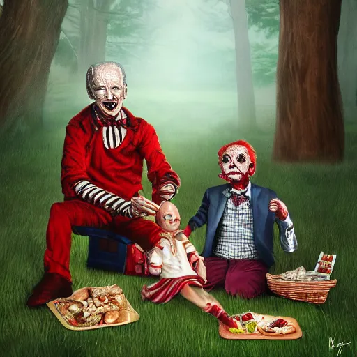 Prompt: freddy krueger, penny - wise and joe biden on a picnic, photo portrait, hyper realism, creepy, symmetry, awesome exposition, very detailed, highly accurate, professional lighting diffracted lightrays, 8 k, sense of awe