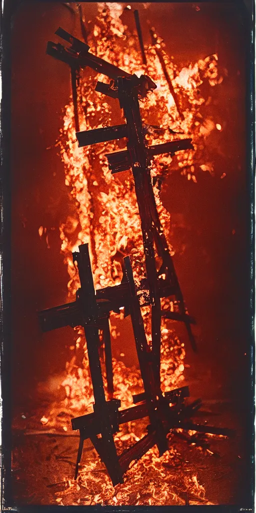 Image similar to kodak portra 4 0 0, wetplate, 8 k, shot of a highly detailed jesus gun rack explosion accident osmium copper oxygen rich fire