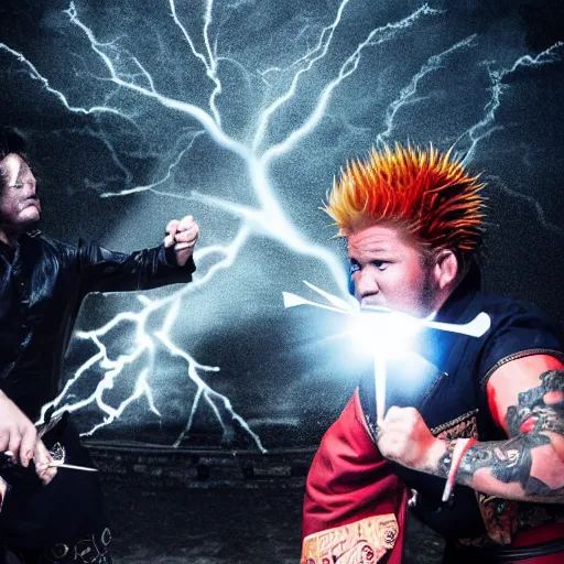 Image similar to Dramatic artistic photo of Samurai Gordon Ramsay having a sword fight with Samurai Guy Fieri, lightning in background, raining, dark, intense, anime fight, realistic, hyperrealistic