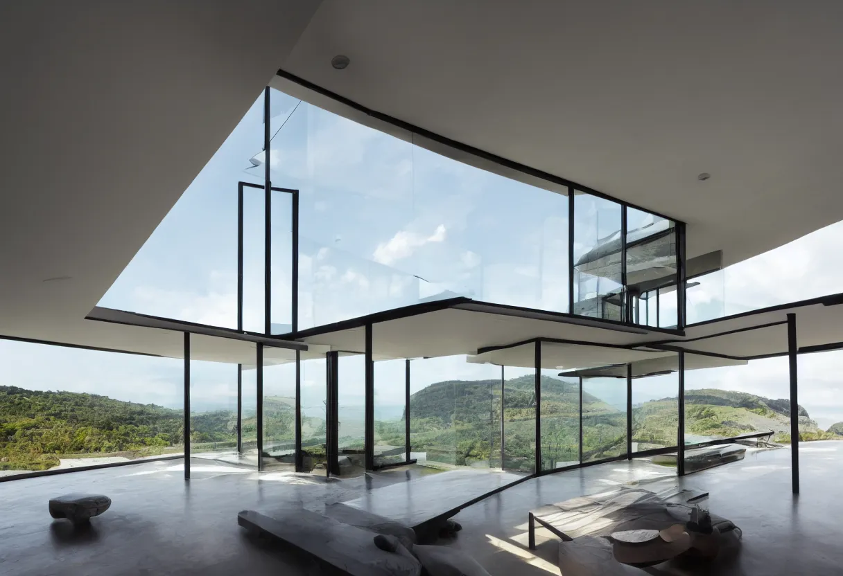 Image similar to Modern house interior with big windows dawn , on a cliff water view focus minimalistic epic architecture