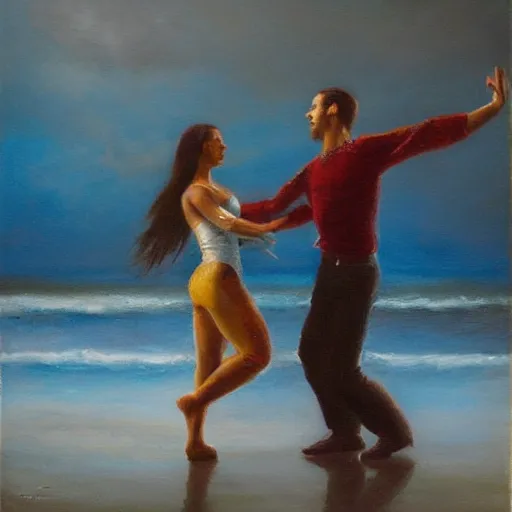 Image similar to A Colombian woman and a Caucasian man dance on a misty pier at midnight, sensual, romantic, oil painting