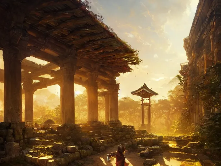 Image similar to ancient city ruins, ⛩, oil painting, 8 k, beautiful, vine, golden light, highly detailed, smoothly, artstation, cinematic, concept art, by wlop, by greg rutkowski, by artgerm