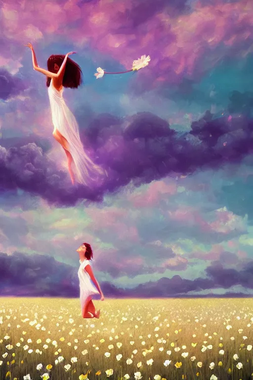 Prompt: veil of giant white daisy flower as head, girl dancing in a flower field, surreal photography, sunrise, dramatic light, impressionist painting, colorful clouds, digital painting, artstation, simon stalenhag