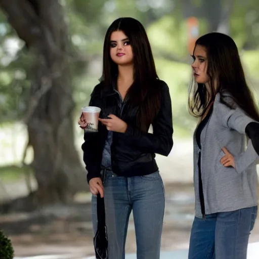 Prompt: high quality movie still of selena gomez on the set of scream 6