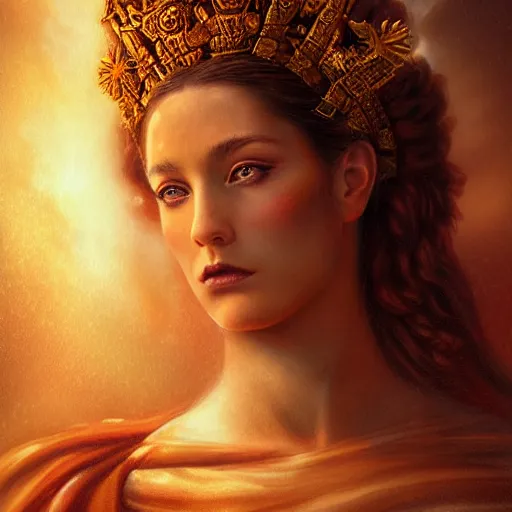Image similar to majestic gracious regal seductive deity persephone portrait, ancient greece, atmospheric lighting, painted, ravenous, tempestuous, humble, intricate, volumetric lighting, beautiful, rich deep colours masterpiece, golden hour, golden ratio, sharp focus, ultra detailed, by leesha hannigan, ross tran, thierry doizon, kai carpenter, ignacio fernandez rios