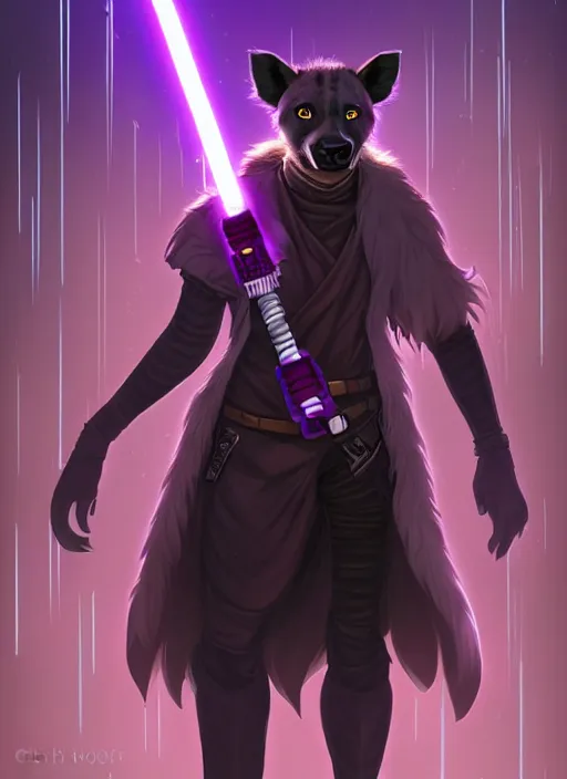 Prompt: beautiful portrait commission of a male furry anthro hyena fursona wearing jedi robes and wielding a purple lightsaber in a cyberpunk city at night in the rain. character design by charlie bowater, ross tran, artgerm, and makoto shinkai, detailed, inked, western comic book art