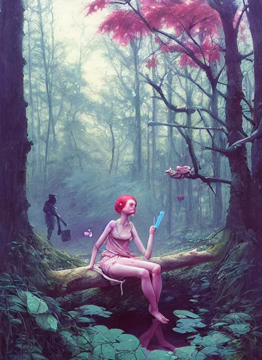 Prompt: bubblegum in the woods by a stream, river gorgeous lighting, lush forest foliage blue sky a hyper realistic painting by chiara bautista and beksinski and norman rockwell and greg rutkowski, tom bagshaw weta studio, and lucasfilm