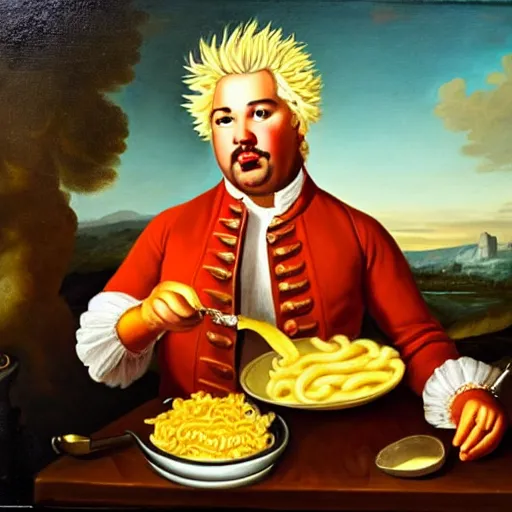 Image similar to an 1 8 th century portrait of guy fieri making a greasy macaroni and cheese sandwich, portrait, royal, oil on canvas