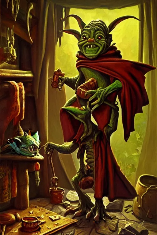 Prompt: classic oil painting, an adorable goblin that is wearing medieval robes, as a dnd character, inside a cluttered bedroom, cottagecore, highly detailed, digital illustration, concept art, smooth, sharp focus, art by brothers hildebrandt