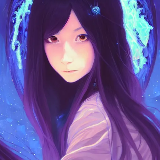 Image similar to a beautiful girl with long dark hair, going through a portal between worlds, intricate, highly detailed, digital painting, artstation, official media, anime key visual, concept art, rich vivid colors, ambient lighting, sharp focus, illustration, art by Artgerm, Makoto Shinkai, Ilya Kuvshinov, Lois Van Baarle, and Rossdraws