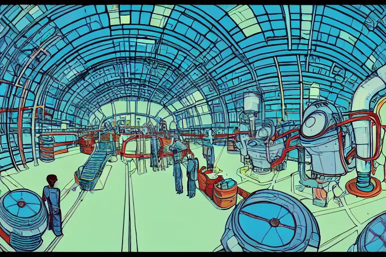 Prompt: a scifi illustration, factory interior. top down fisheye view. vats of fluid. and many workers. flat colors, limited palette in FANTASTIC PLANET La planète sauvage animation by René Laloux