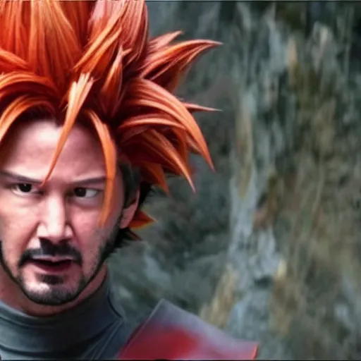 Image similar to photo of keanu reeves as goku in live action dragon ball z movie, cinematic movie still, 8 k hdr