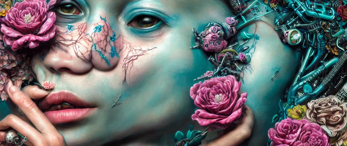 Image similar to hyperrealistic hyper detailed neo-surreal close-up 35mm portrait of cyborg covered in rococo flower tattoos matte painting concept art hannah yata very dramatic dark teal lighting low angle hd 8k sharp shallow depth of field