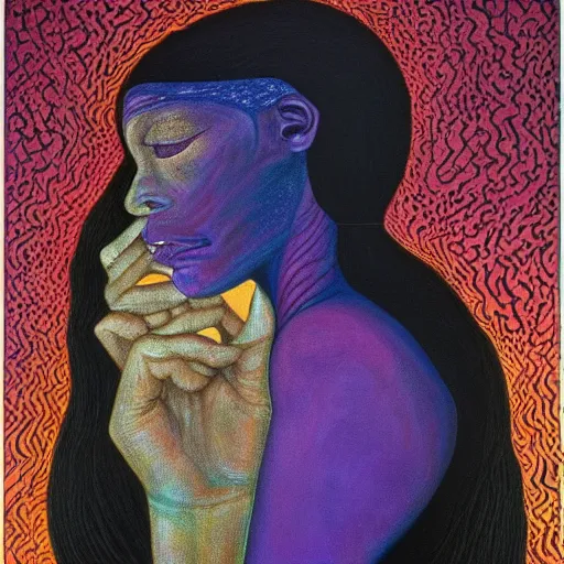 Prompt: by mati klarwein mournful biopunk. a beautiful painting of a person in profile, with their features appearing both in front of & behind their head.