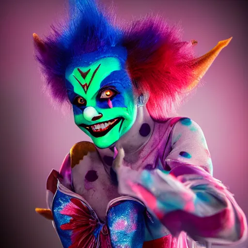 Image similar to psycho clown fairy, bleeding wings colors, cinematic lighting, various refining methods, micro macro autofocus, ultra definition, award winning photo