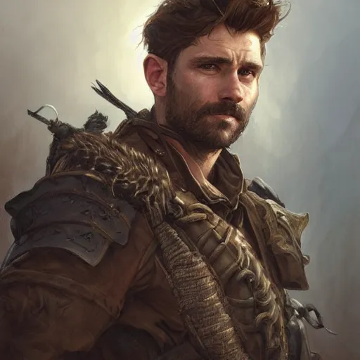 Image similar to portrait of a rugged male ranger, D&D, fantasy, intricate, elegant, highly detailed, digital painting, artstation, concept art, smooth, sharp focus, illustration, art by artgerm and greg rutkowski and alphonse mucha