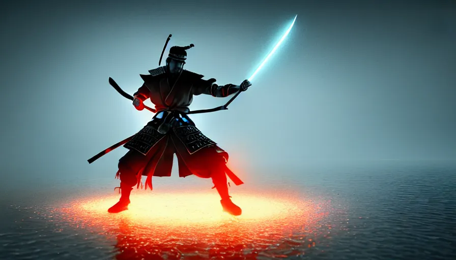 Image similar to Digital Art of A Samurai! Ninja! in Action, fighting and swords colliding, standing in a glowing lake while it rains, Concept Art, highly detailed, Artstation, 8k, Raytracing, Unreal Engine 5