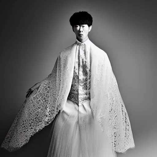 Prompt: a portrait of a beautiful young korean male wearing a translucid lace wedding gown designed by alexander mcqueen, photographed by andrew thomas huang for a fashion editorial