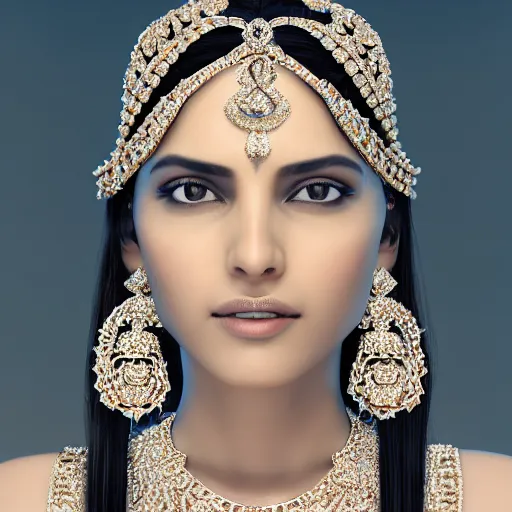 Image similar to portrait of wonderful hindi princess of diamond with radiant skin, ornate with diamonds, 8 k, gorgeous, intricate, detailed, glowing white accent lighting, dramatic lighting, octane render