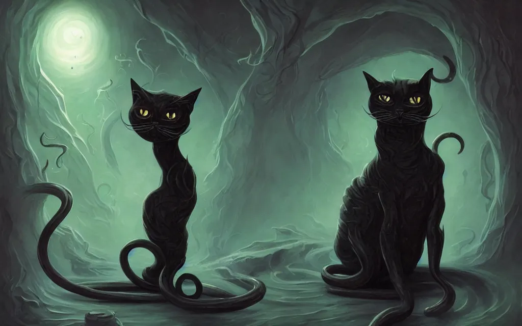 Prompt: a black terrific eldritch cat, hermaeus mora, by peter mohrbacher