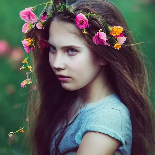 Image similar to a portrait of a young girl with wavey long hair, there is a bird on her head, there's flowers everywhere, very beautiful ambient light with sun rays hitting her hair, 8k photography,