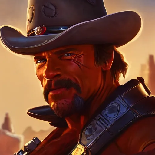 Image similar to a screenshot of arnold schwarzenegger as mccree in overwatch, portrait, fantasy, beautiful face, vivid colors, elegant, concept art, sharp focus, digital art, hyper - realistic, 4 k, unreal engine, highly detailed, hd, dramatic lighting by brom, trending on artstation