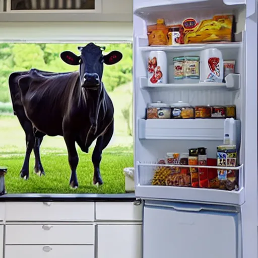 Prompt: photo of a kitchen with an entire cow in the fridge