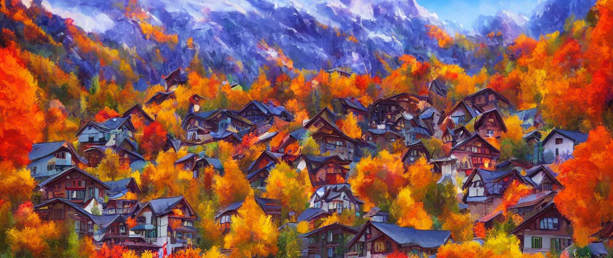 Prompt: a puritan alpine village in the fall, hollywood hills homes stacking style, painting, unique artstation artist, vibrant colors,