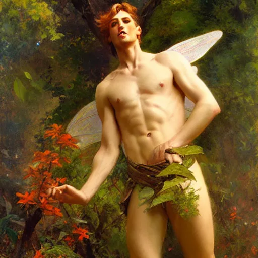 Image similar to attractive male fairy with wings in the forest, posing. highly detailed painting by gaston bussiere, craig mullins, j. c. leyendecker, 8 k