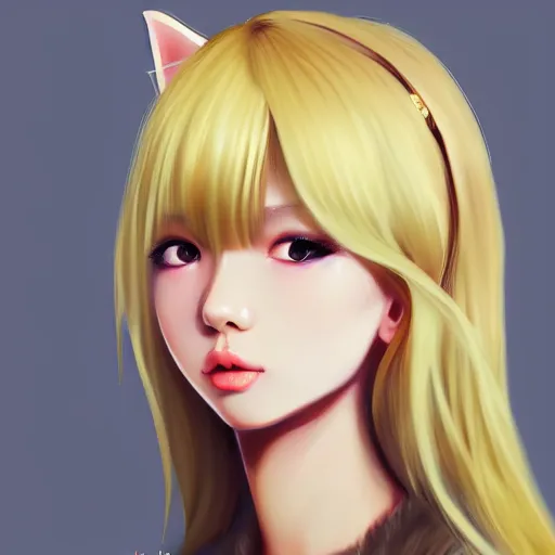 Image similar to realistic beautiful gorgeous natural cute Blackpink Lalisa Manoban blonde hair cute fur blonde cat ears in virgin killer outfit golden eyes artwork drawn full HD 4K highest quality in artstyle by professional artists WLOP, Taejune Kim, Guweiz, ArtGerm on Artstation Pixiv