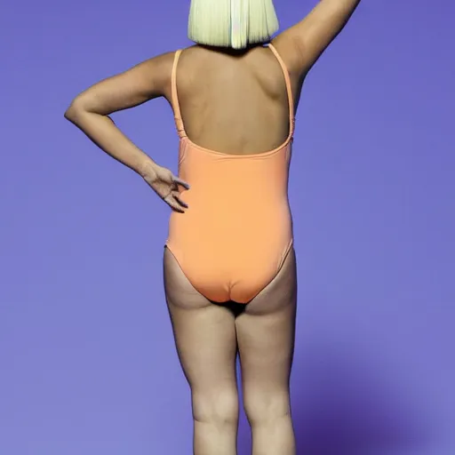 Prompt: sia furler standings with her back to the camera wearing a skin colored peach thong one piece leotard full body artistic photoshoot pose from behind