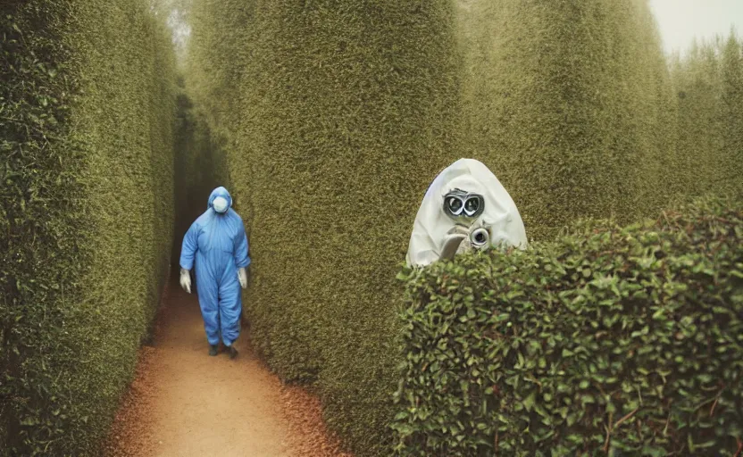 Image similar to cinestill 5 0 d photographic portrait by helen levitt of evil hazmat scientists walking through a brutalist hedge maze, extreme closeup, cinematic, modern cyberpunk, dust storm, 8 k, hd, high resolution, 3 5 mm, f / 3 2, tenet