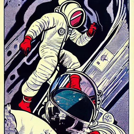 Image similar to a man with red hair, floating in space. he is an astronaut, wearing a space suit. he is fixing his space rocket. well composed, clean elegant painting, beautiful detailed face. retro comic book art by steve ditko and jack kirby and ( alphonse mucha )