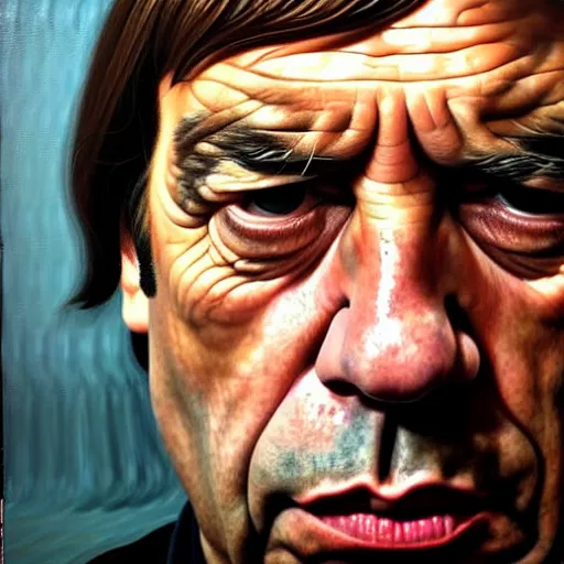 Prompt: javier bardem as anton chigurh in no country for old men. neutral menacing stare. oil painting by lucian freud. path traced, highly detailed, high quality, j. c. leyendecker, drew struzan tomasz alen kopera, peter mohrbacher, donato giancola