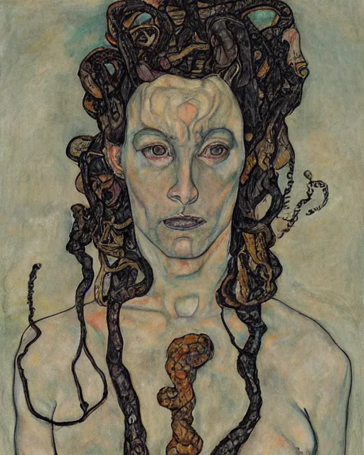 Image similar to portrait of a powerful medusa with many pythons by egon schiele in the style of greg rutkowski