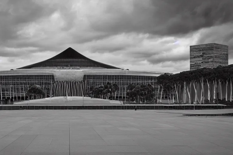 Image similar to award winning photo of the australian parliament house architecturally designed with strong sinister and occult masonic design, heavy red storm clouds