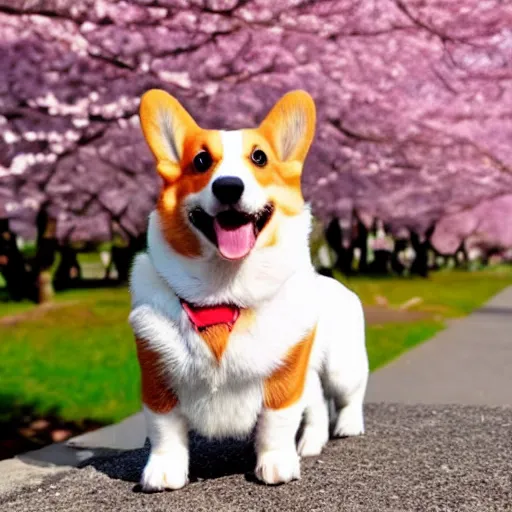 Prompt: A photo of Corgi in front of a row of cherry blossom trees