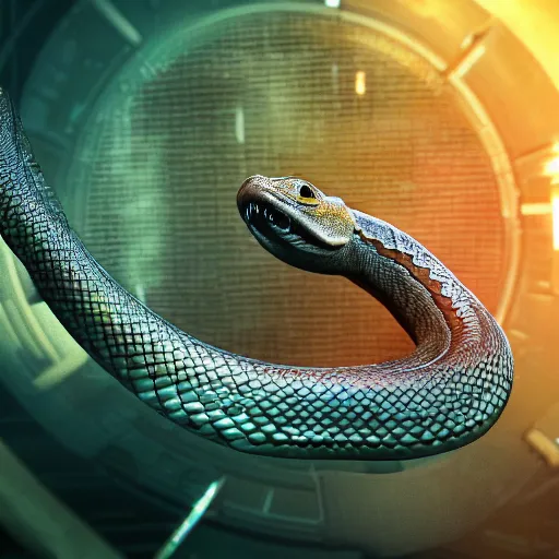 Image similar to a snake biting itself in the center of a futuristic cibernetic card, unreal engine style, intricate details in the frames, 4k, high quality render.