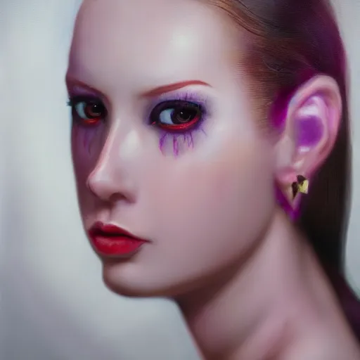 Image similar to a portrait of an intensely lit orchid mantis woman full of piercings, modeling, white and pink, oil painting, pale colors, high detail, 8 k, wide angle, trending on artstation,