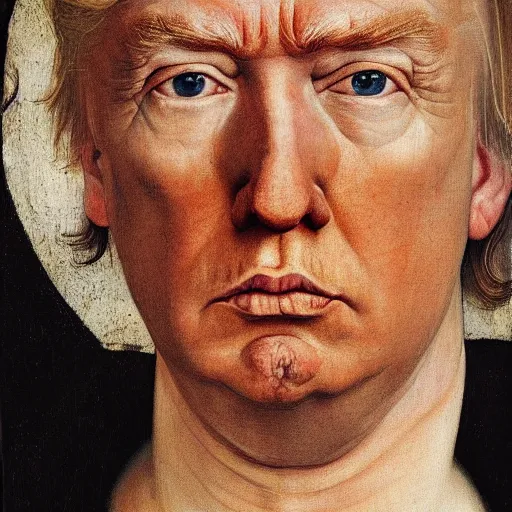 Prompt: a portrait of Donald Trump, facing front, by Rogier van der Weyden, oil painting, anatomically correct, beautiful perfect face, sharp focus, Highly Detailed, Cinematic Lighting, 8k, HD