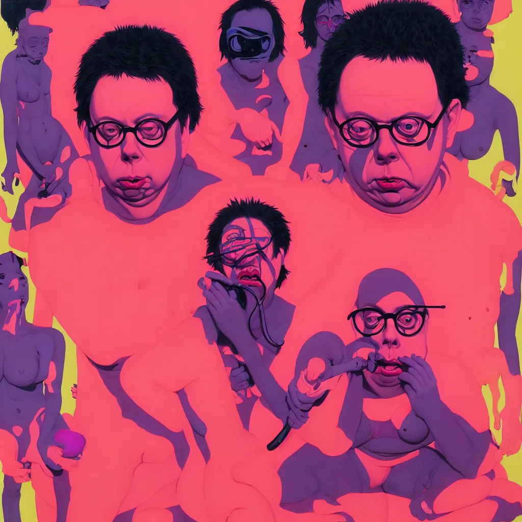 Image similar to weird and disturbing portrait of todd solondz, full body, thong, wide open eyes. vivid colors, neon, art by ( ( ( kuvshinov ilya ) ) ) and wayne barlowe and francis bacon and artgerm and wlop and william - adolphe bouguereau