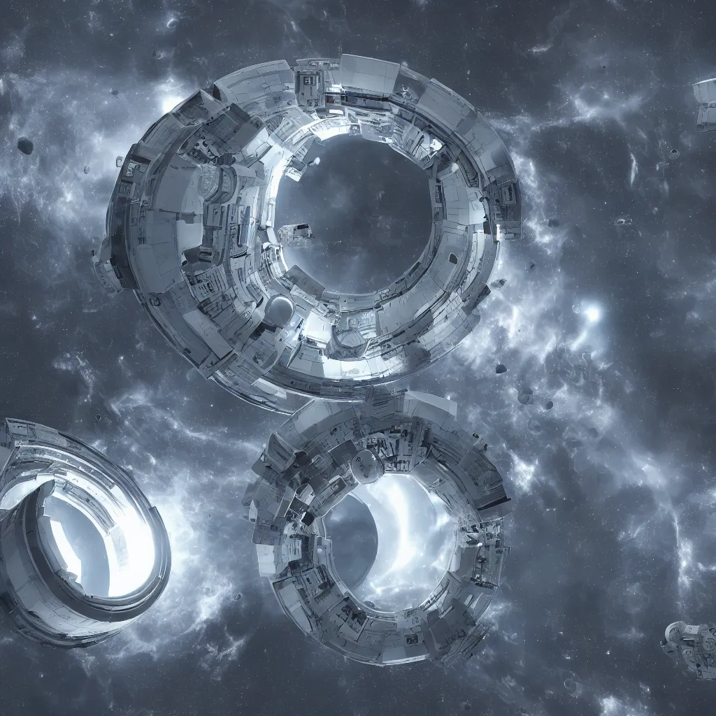 Image similar to a torus shaped space station made of white metal, view from above, endless cosmos in the background, 8K resolution, unreal engine, realistic, highly detailed, digital painting, artstation, concept art, illustration