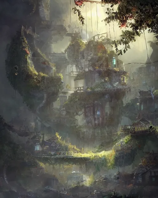 Image similar to a tiny miniscule town living on the thread of a spiders web, fantasy concept art, trending on art station, stunning visuals, creative, cinematic, ultra detailed