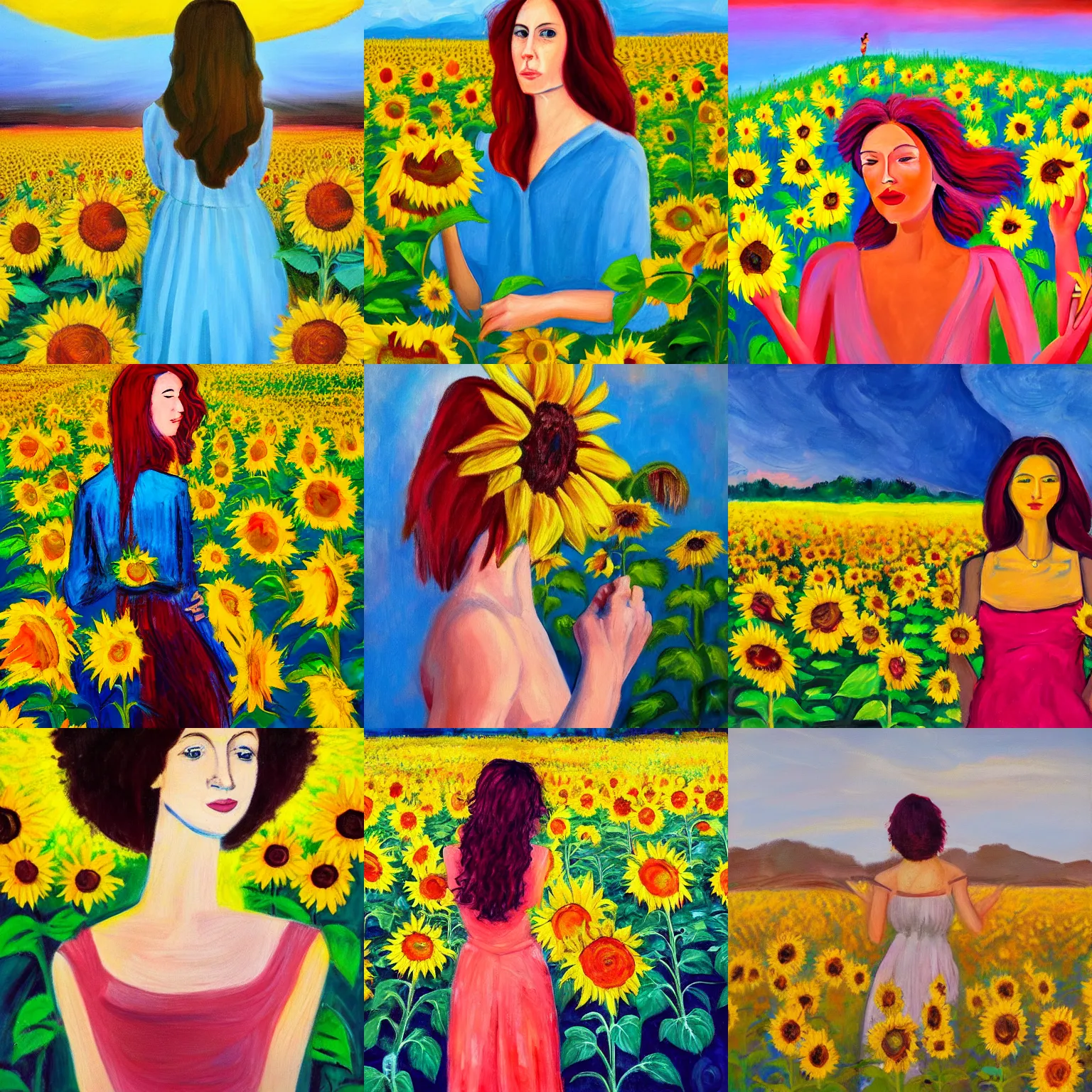 Prompt: A beautiful expressionist painting of a woman with rose hair standing in a sunflower field