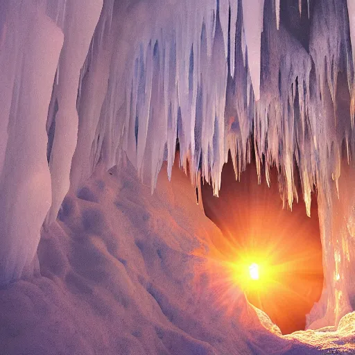 Prompt: ”entrance to icy stalactite cave in the sunset, light coming through, photorealistic, beautiful”