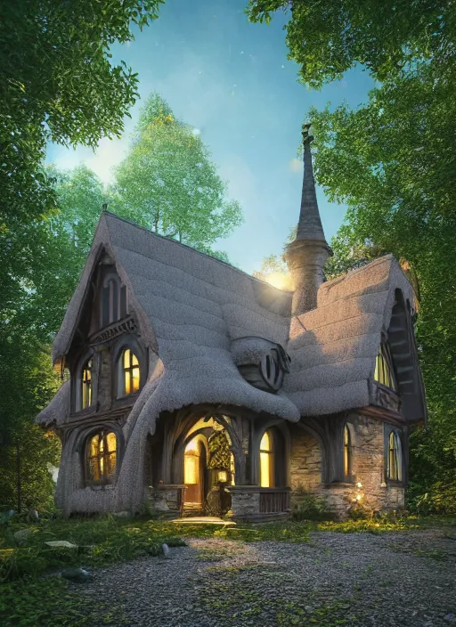 Image similar to hyper realistic homely ornate witch cottage architectural, in the woods gorgeous lighting, blue sky, highly detailed, lush forest architectural render, octane render, ue 5 raytraced