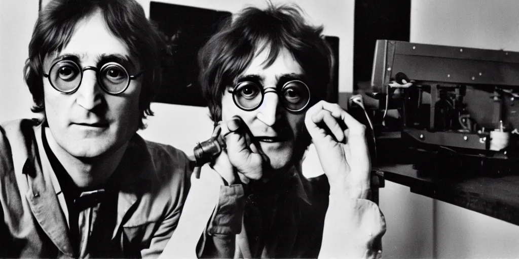 Prompt: John Lennon asa scientist working on a ufo, black & white photograph