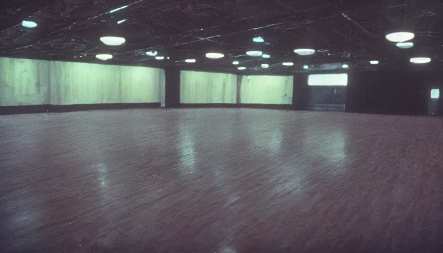 Image similar to 70s movie still of limonal empty space ballroom , cinestill 800t Technicolor, heavy grain, high quality, criterion collection