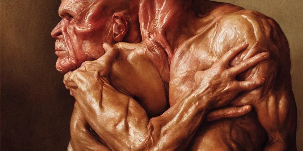 Prompt: medical detail of flesh skin painitng, wrinkles and muscles, 4k, oil on canvas, german romanticism style, photorealistic by Tyler Edlin and Jean Delville, soft light, cinematic lighting, vibrant